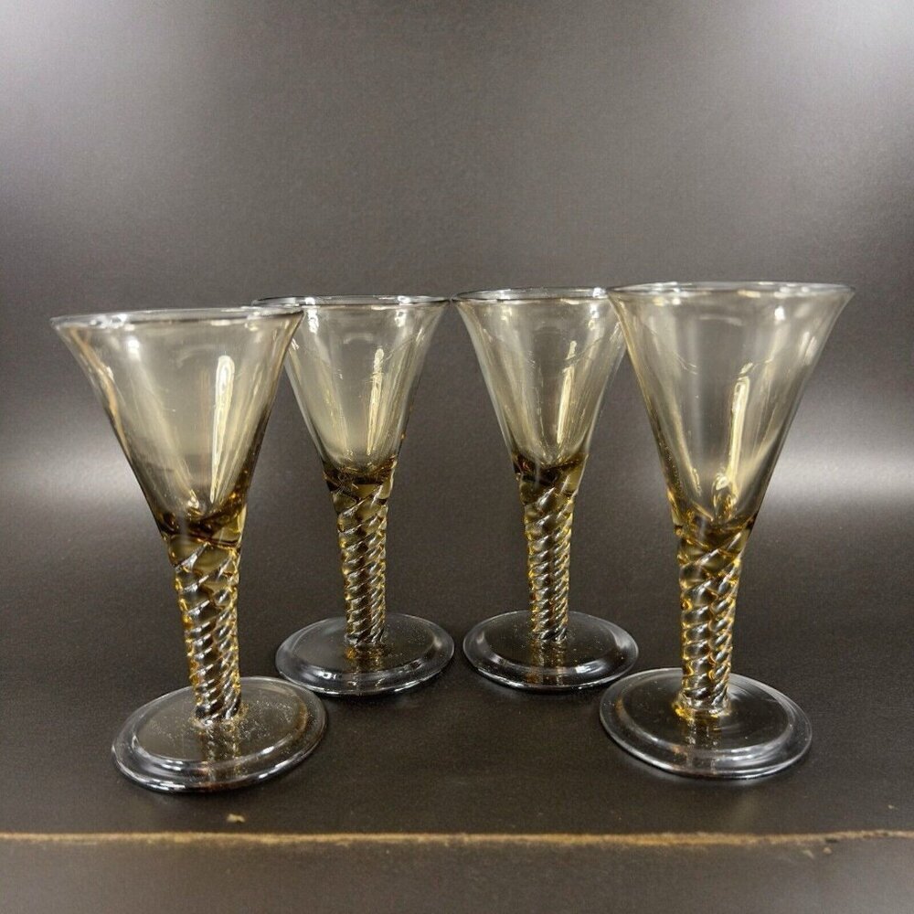 SIMON GATE Smokey Amber Goblet Glasses Spiral Stems Sandvik Orrefors 1920s Set 4 - Picture 2 of 16